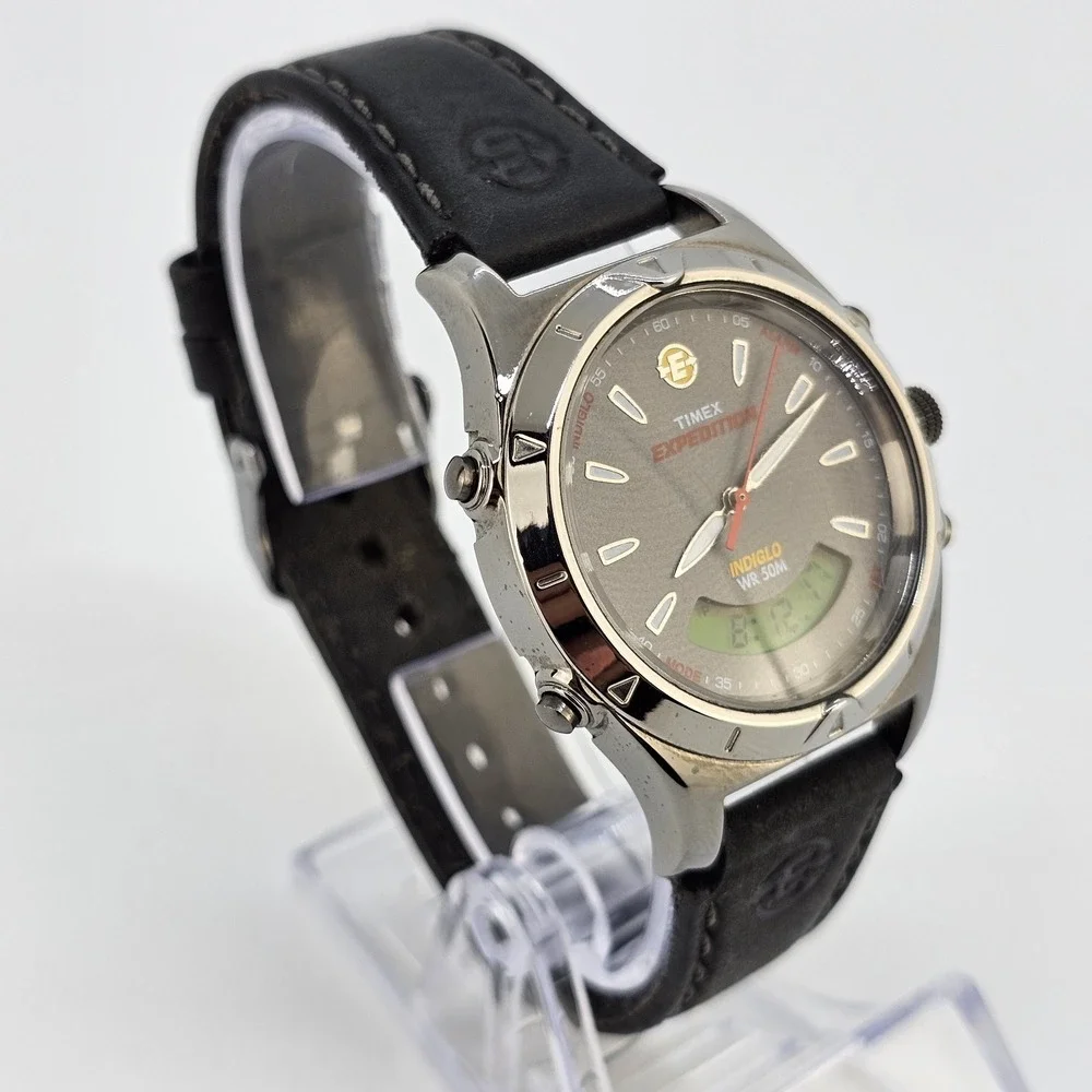 Timex Expedition Ana Dig Men Watch 38MM Dark Gray Dial Leather Bands New Battery